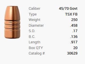 Barnes Geschoss .45-70/.458 250GR TSX FN 20 Stück