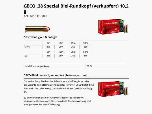 GECO Revolvermunition .38Special BRK SX (Superclean) 50 Stk  158grs/10,2g