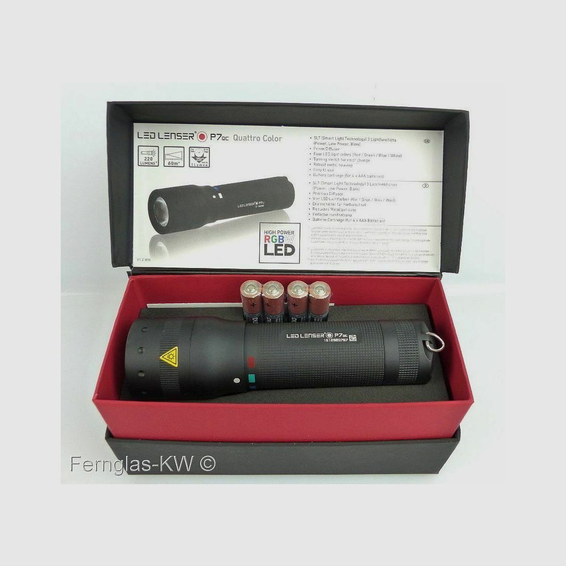 Ledlenser flashlight P7 QC gift box with bag, strap, and batteries