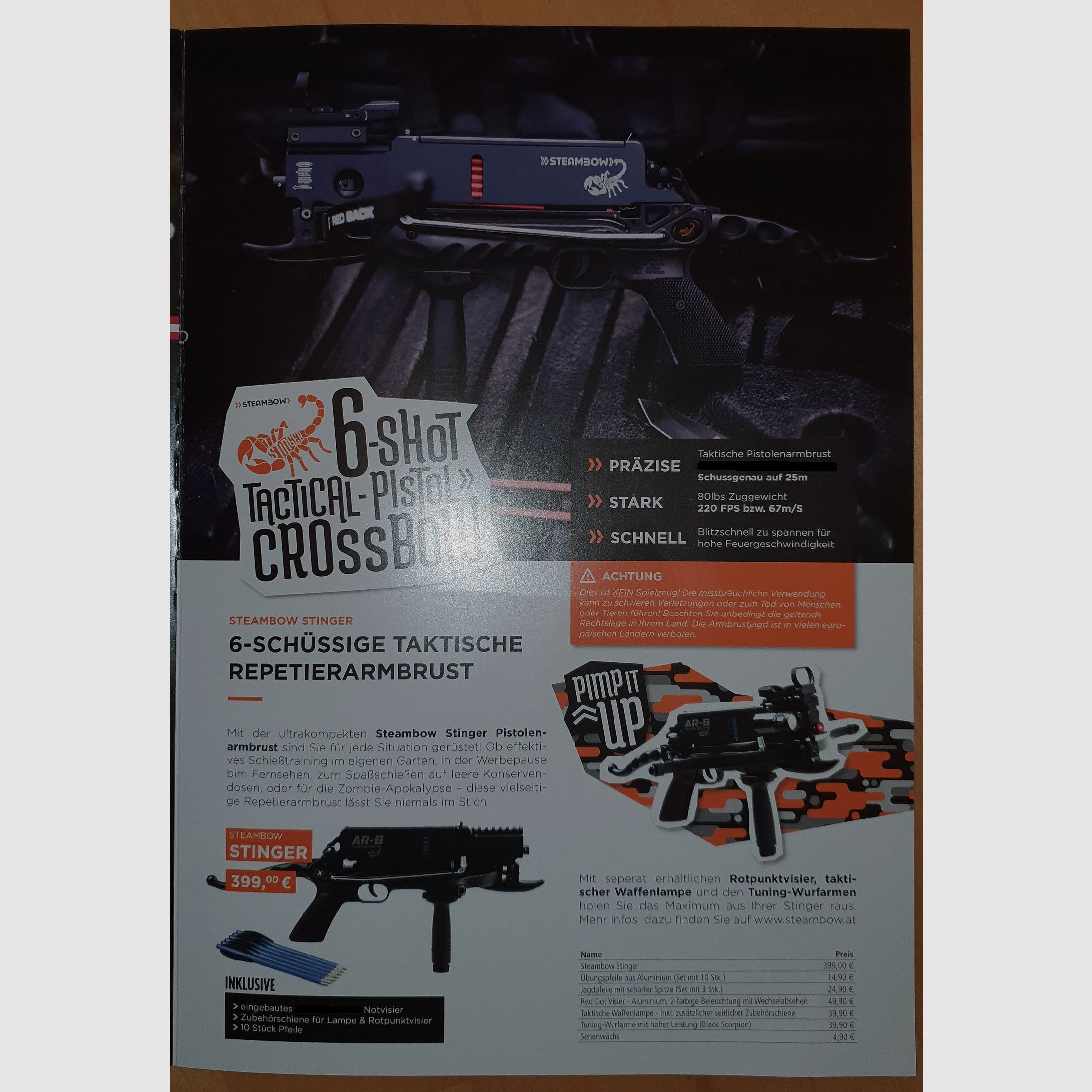 Steambow Stinger,  6-Schuß Magazin, Tasche, Pfeile