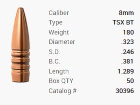 Barnes Geschoss 8mm/.323 180GR TSX BT 50 Stück