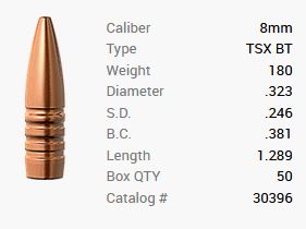 Barnes pocisk 8mm/.323 180GR TSX BT 50 sztuk
