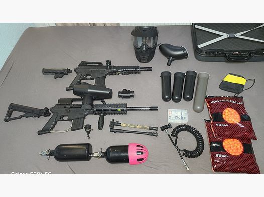 KOMPLETT SET TIPPMANN SIERRA ONE  und  BRAVO ON ELITE cal. 68 ! TOP ! mit viel ZUBEHÖR PAINTBALL  HOME DEFENCE HEIMVERTEIDIGUNG 