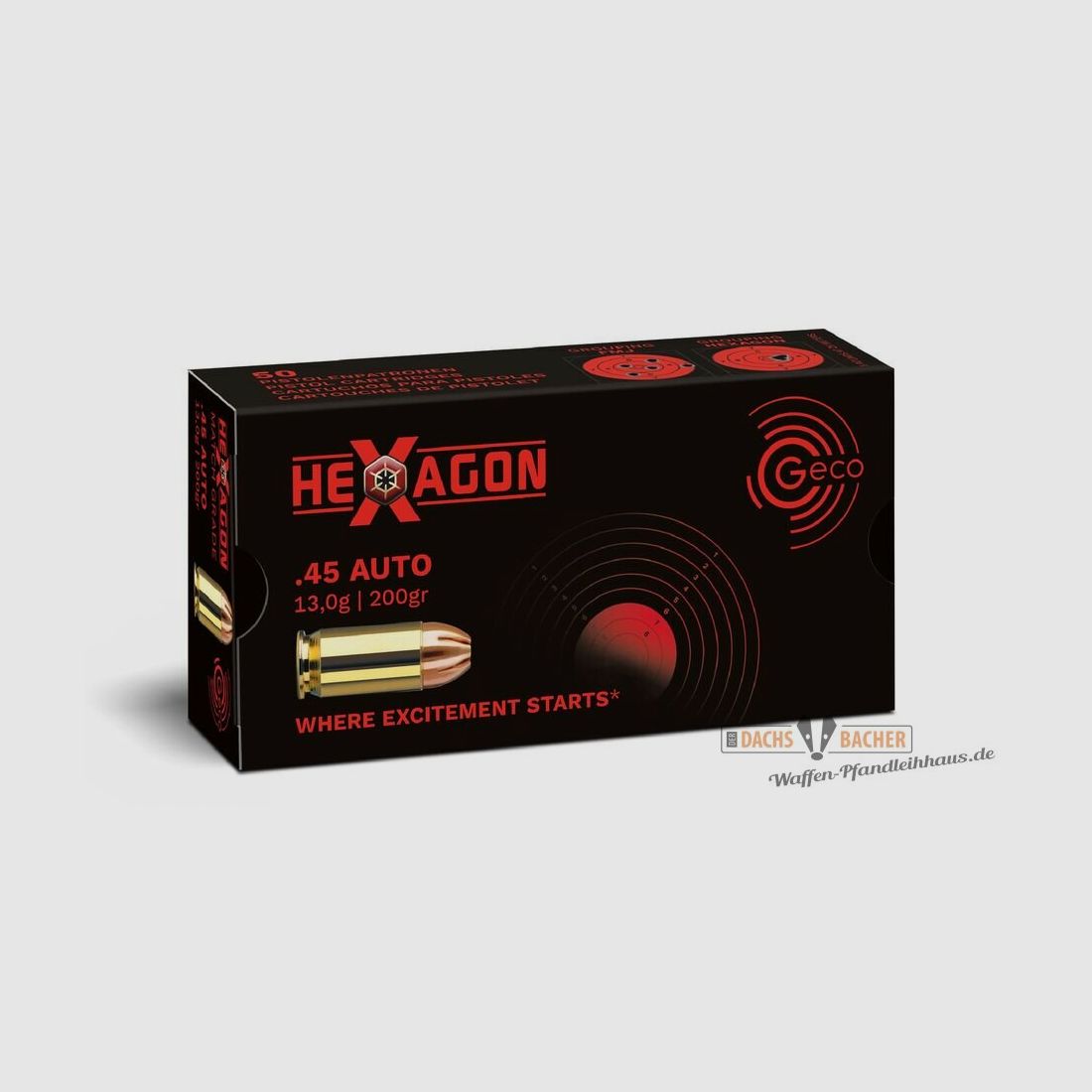 GECO .45 Auto Hexagon 13,0g/200gr 50 cartouches, image 1 sur 2