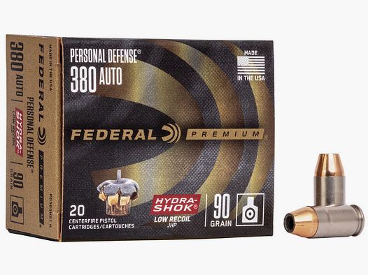 Federal Premium Personal Defense Hydra-Shok Low Recoil .380 ACP 90GR JHP 20 cartouches