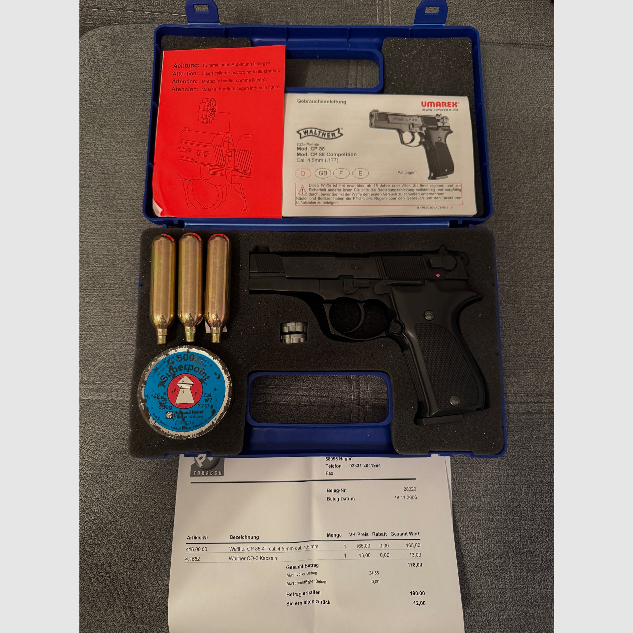 CO2 air pistol Walther CP 88 (4.5mm Diabolo) – complete set in case with accessories & receipt