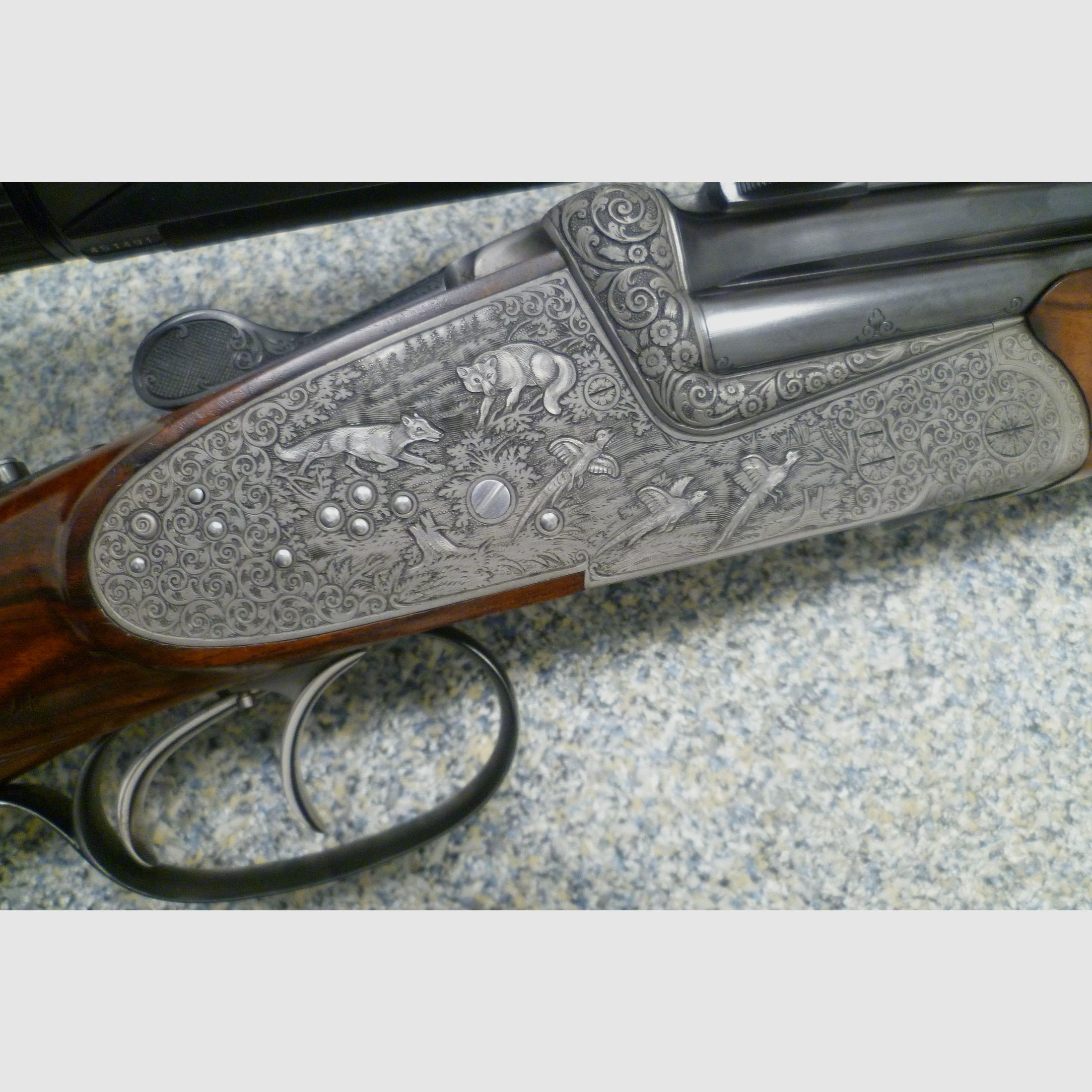 Seitenschloss - Bockdrilling Ludwig Borovnik Ferlach 16/70 & 7x65R & .22 Hornet