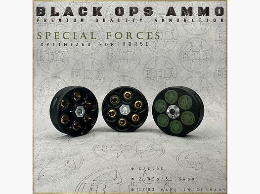 18x + 2 Special Forces BLACK OPS AMMO HDR 50 TR cal.50 Munition T4E Umarex HDR50 TR50