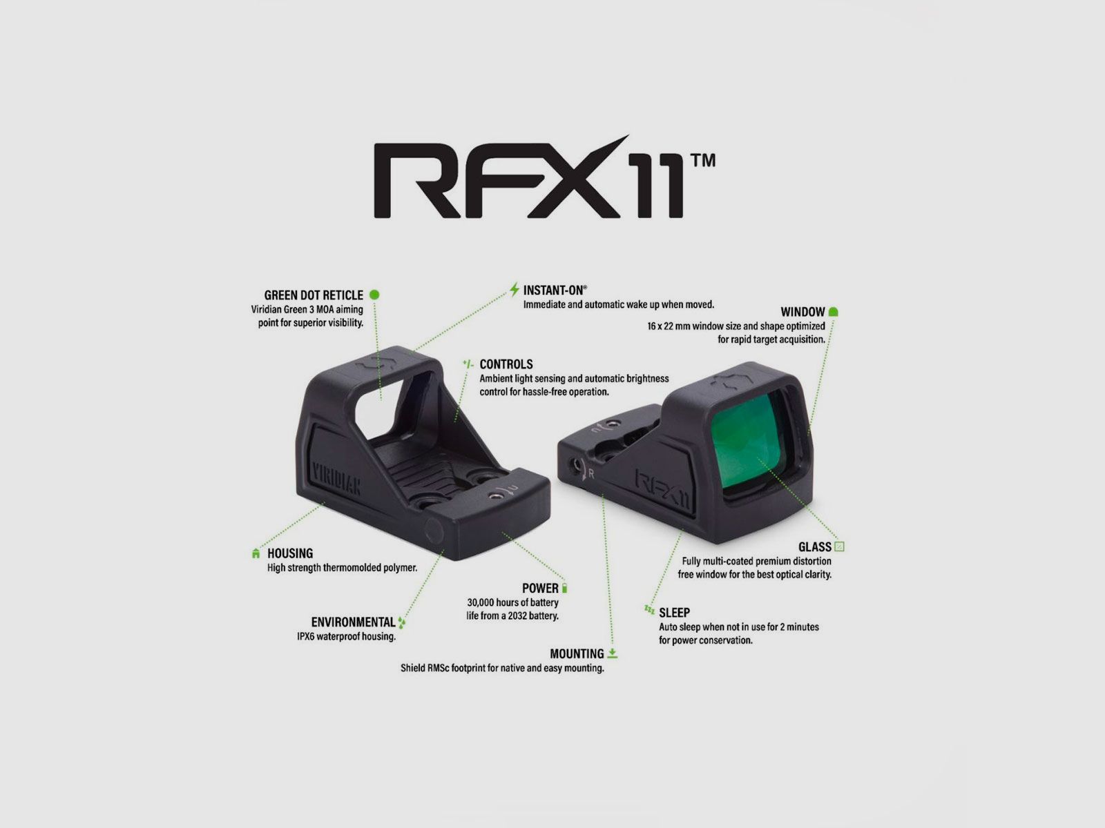 RED DOT – VIRIDIAN OPTICS – RFX11 CUSTOM GREEN DOT REFLEX SIGHT FOR WALTHER PDP & WMP | Shield RMSc Footprint | 3 MOA, image 7 of 11