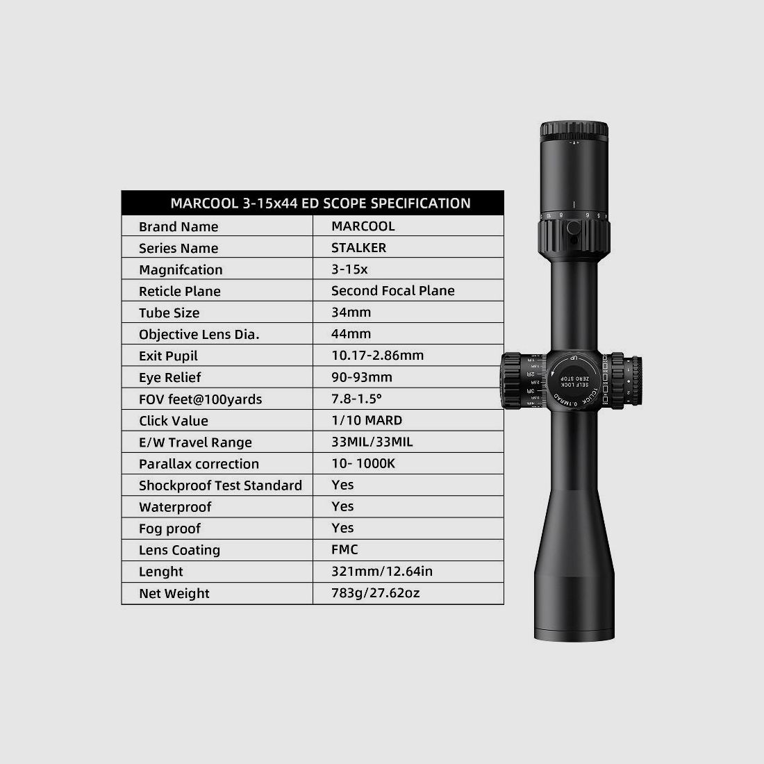 Luneta celownicza Marcool Optics STALKER ED 3-15×44 SFP IR Zero Stop +montaż 30mm, zdjęcie 3 z 7