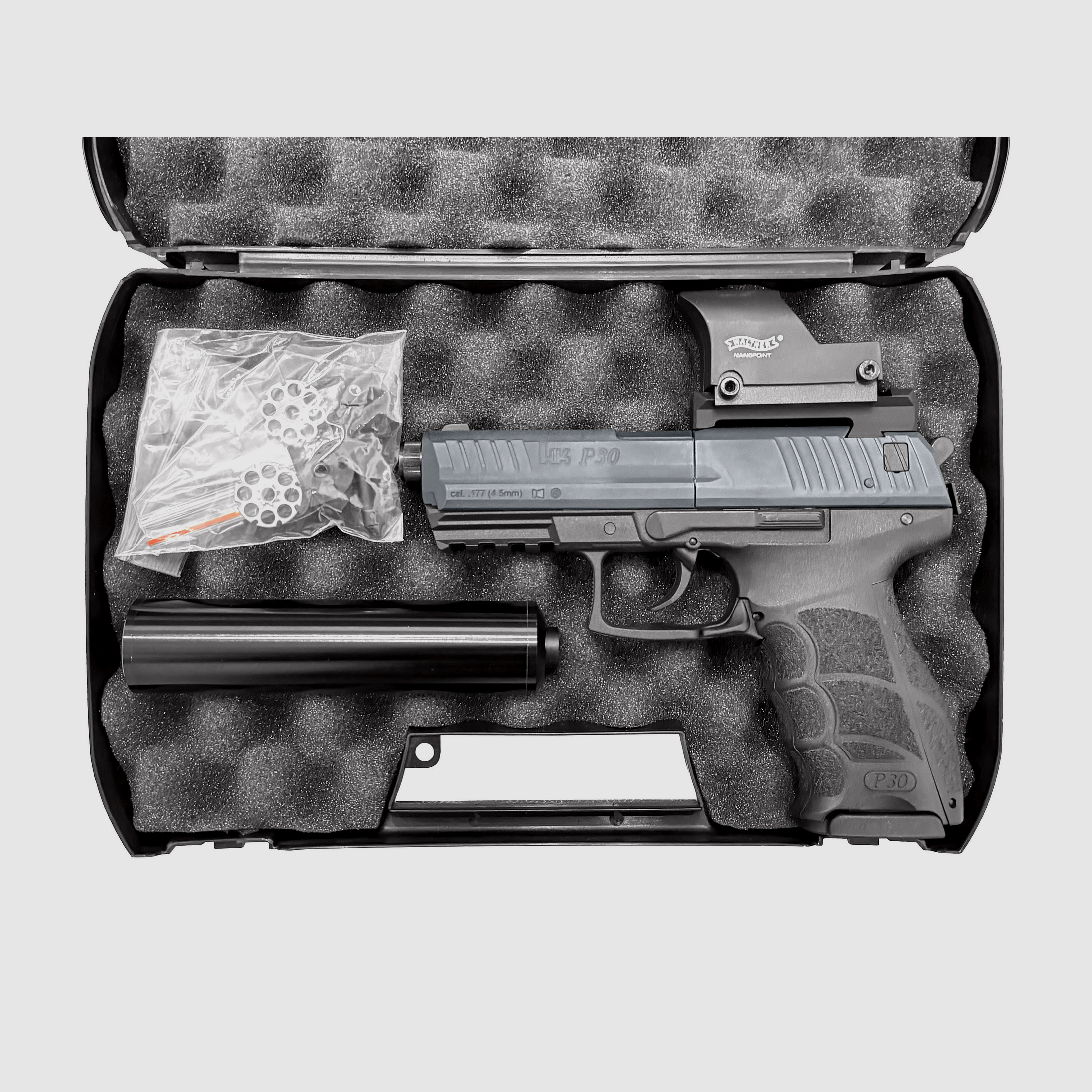 Umarex Heckler & Koch P30 Kit CO2 Luftpistole 4,5mm Diabolo + Schalldämpfer + 2 BB-Magazine + 5 Trommelmagazine + 500 Kugeln - NEU