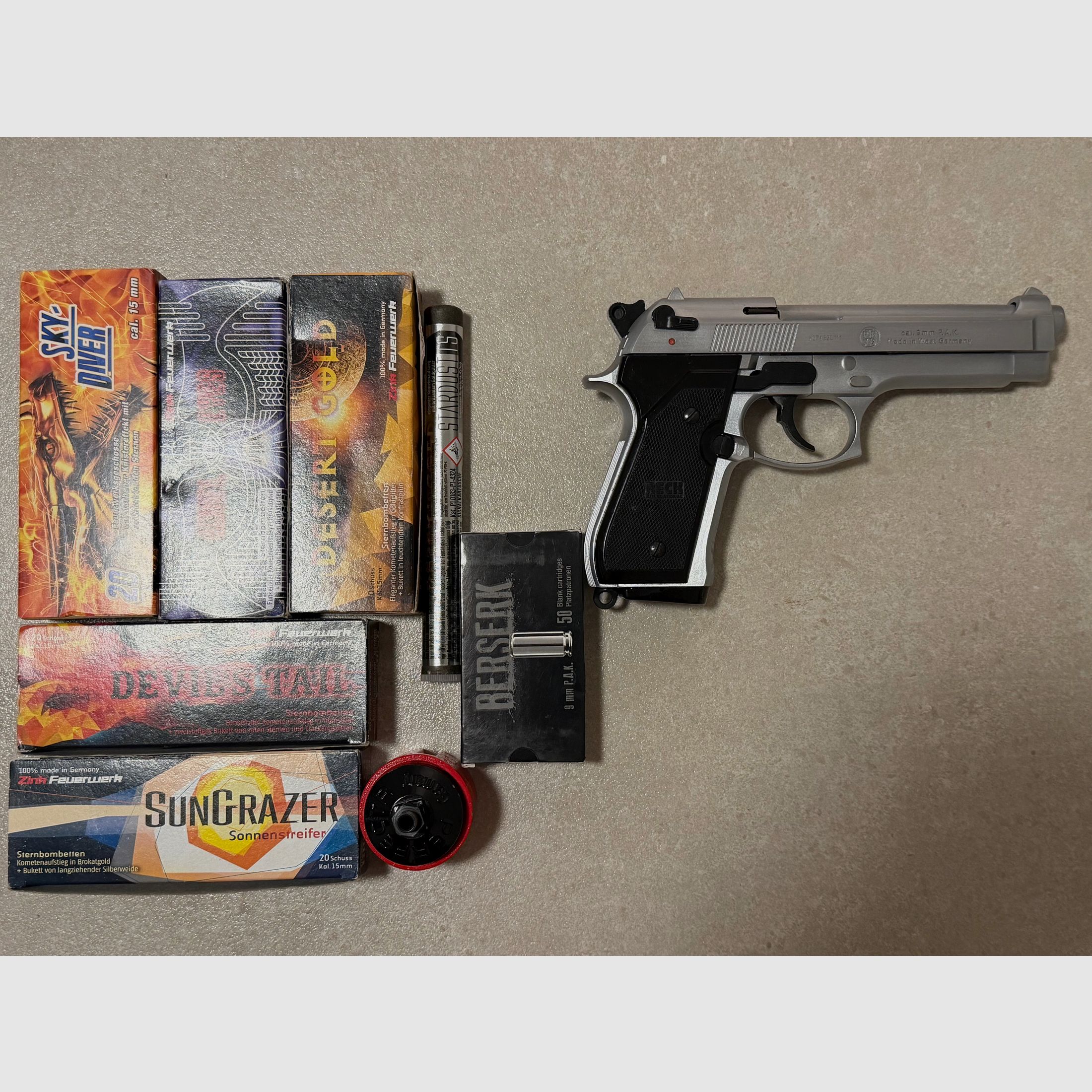 Pistola a gas di segnalazione Reck Miami 92F Steel Finish 9mm con set completo