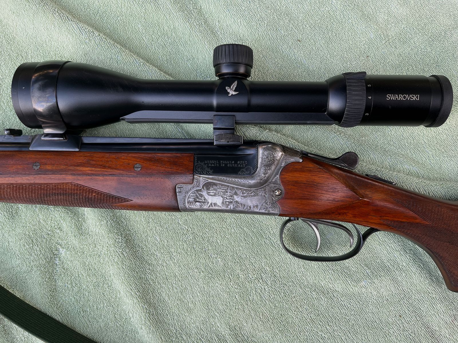 Bockbüchsflinte MERKEL Suhl BBF 7x65R 20/76 Swarovski 3-12x50 Z4i come nuova, rara