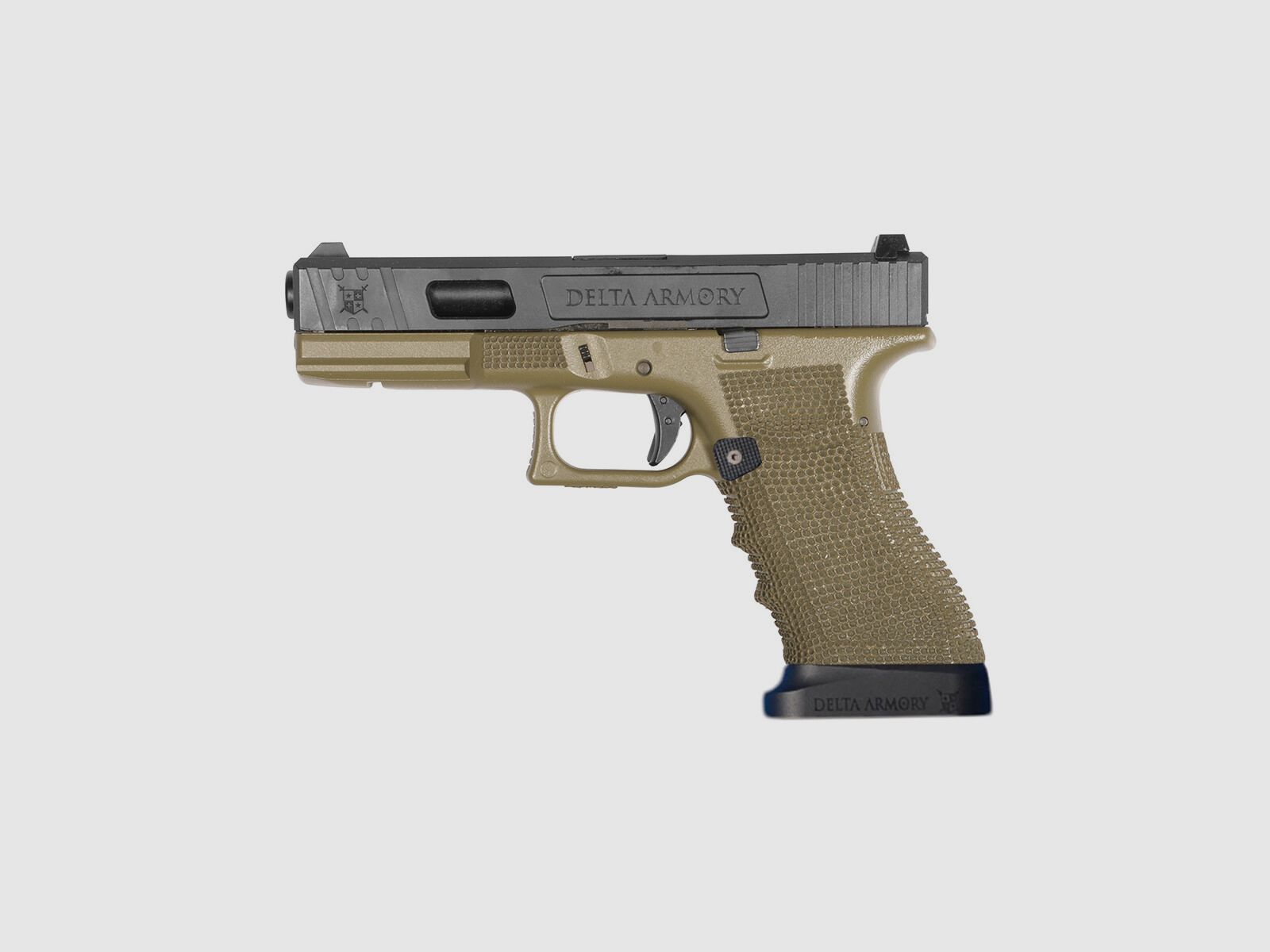 P02 GBB Airsoft Pistol with Grip Stippling in Olive | Delta Armory