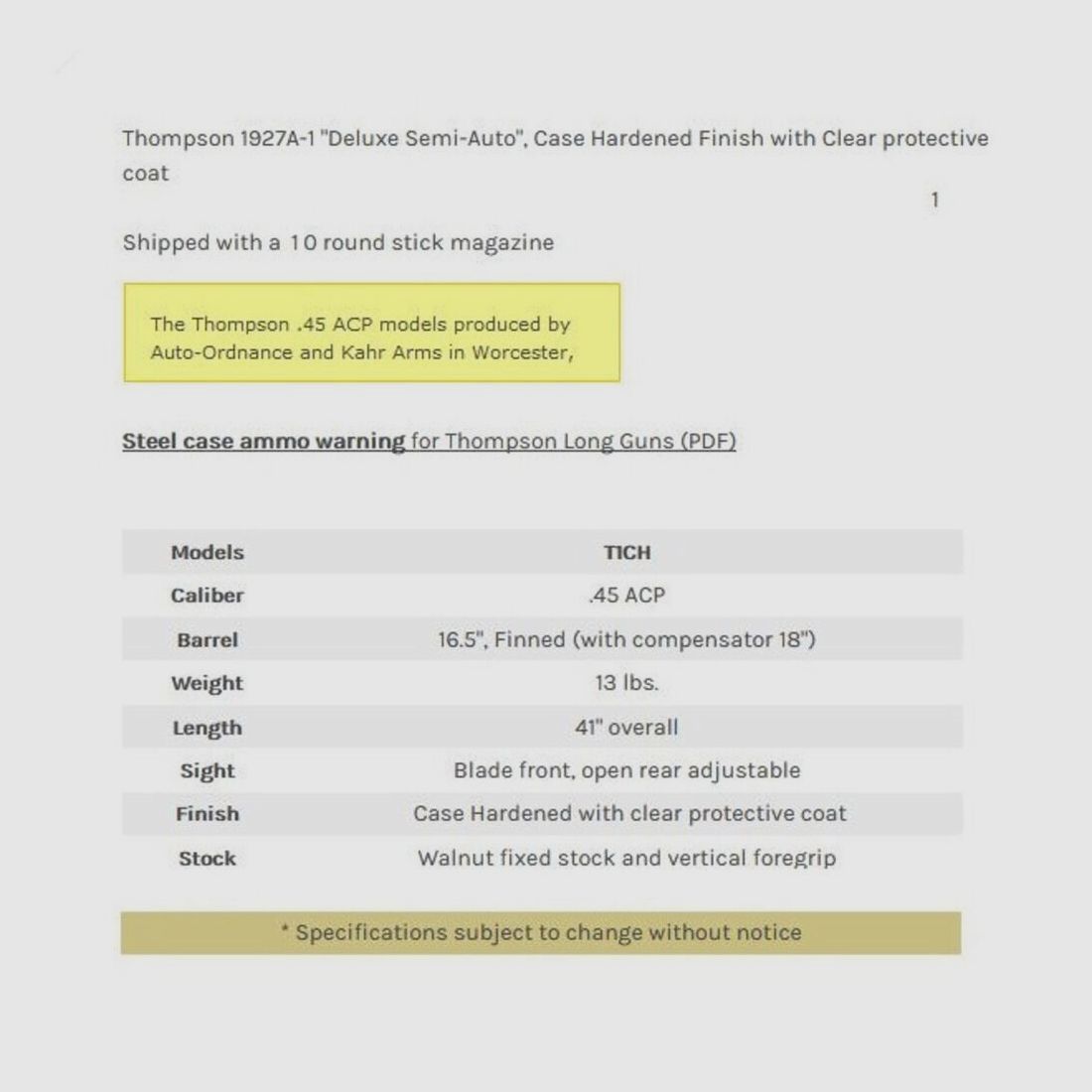 Auto-Ordnance Thompson 1927A1 Custom 16,5" (5 pouces) .45Auto