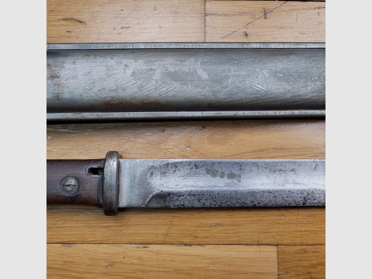 Peu courante baïonnette allemande S14 – rare variante « Odéon » – vers 1915 – fourreau FAG – ersatz – A nettoyer complètement mais parfait état., image 10 sur 14