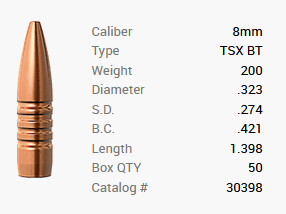 Balle Barnes 8mm/.323 200GR TSX BT 50 pièces