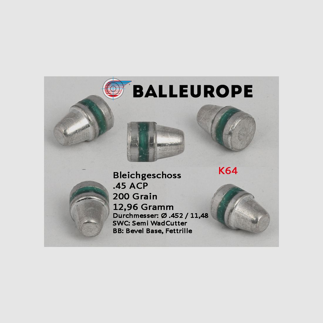 .45 ACP Ø .451 11,46 200 Grain 12,96 Gramm 500 Bleigeschoß SWC Wadcutter BB Fettrille Balleurope K65