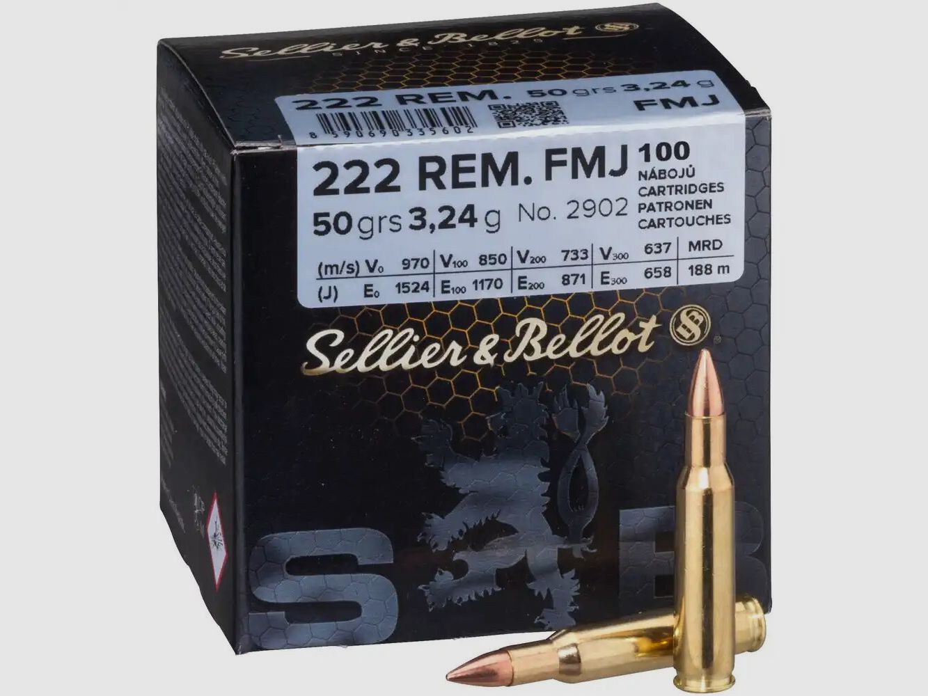 Sellier & Bellot cartucce per fucile .222 Rem. palla intera 3,2g/50grs. .222 Rem. palla intera 3,2g/50grs., Sellier & Bellot