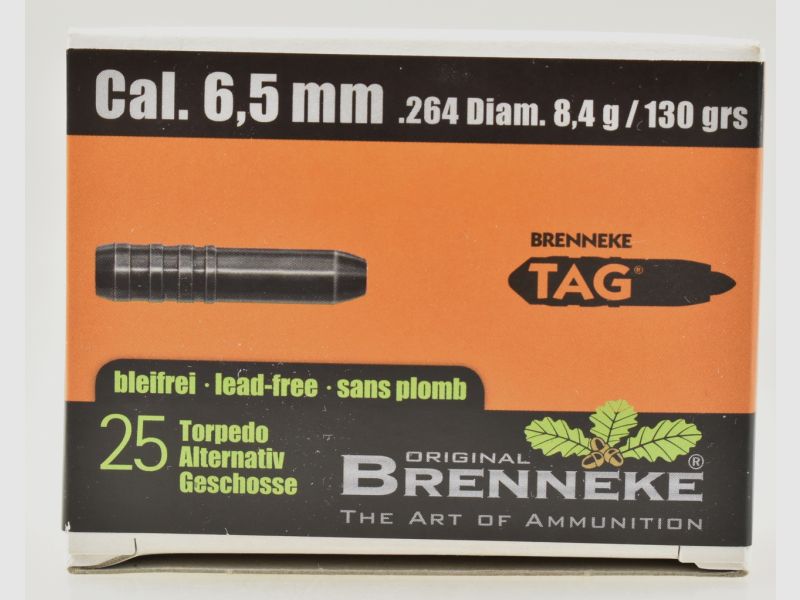 25 Brenneke Geschosse 6,5mm/.264 - 130gr. TAG - bleifrei -