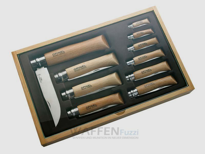 Opinel pocket knife assortment in wooden box