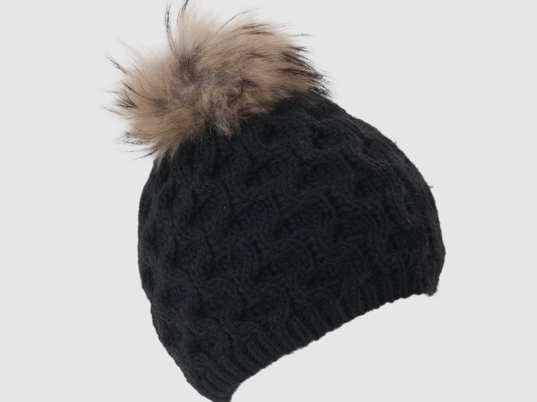 Cappello lavorato a maglia con pompon in pelliccia vera e motivo a nido d'ape