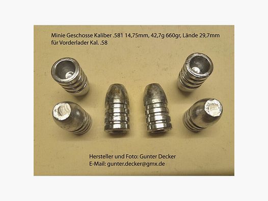 Minie Geschosse Kaliber .581 14,75mm 42,7g 660gr Vorderlader Gewehre Kal. .58