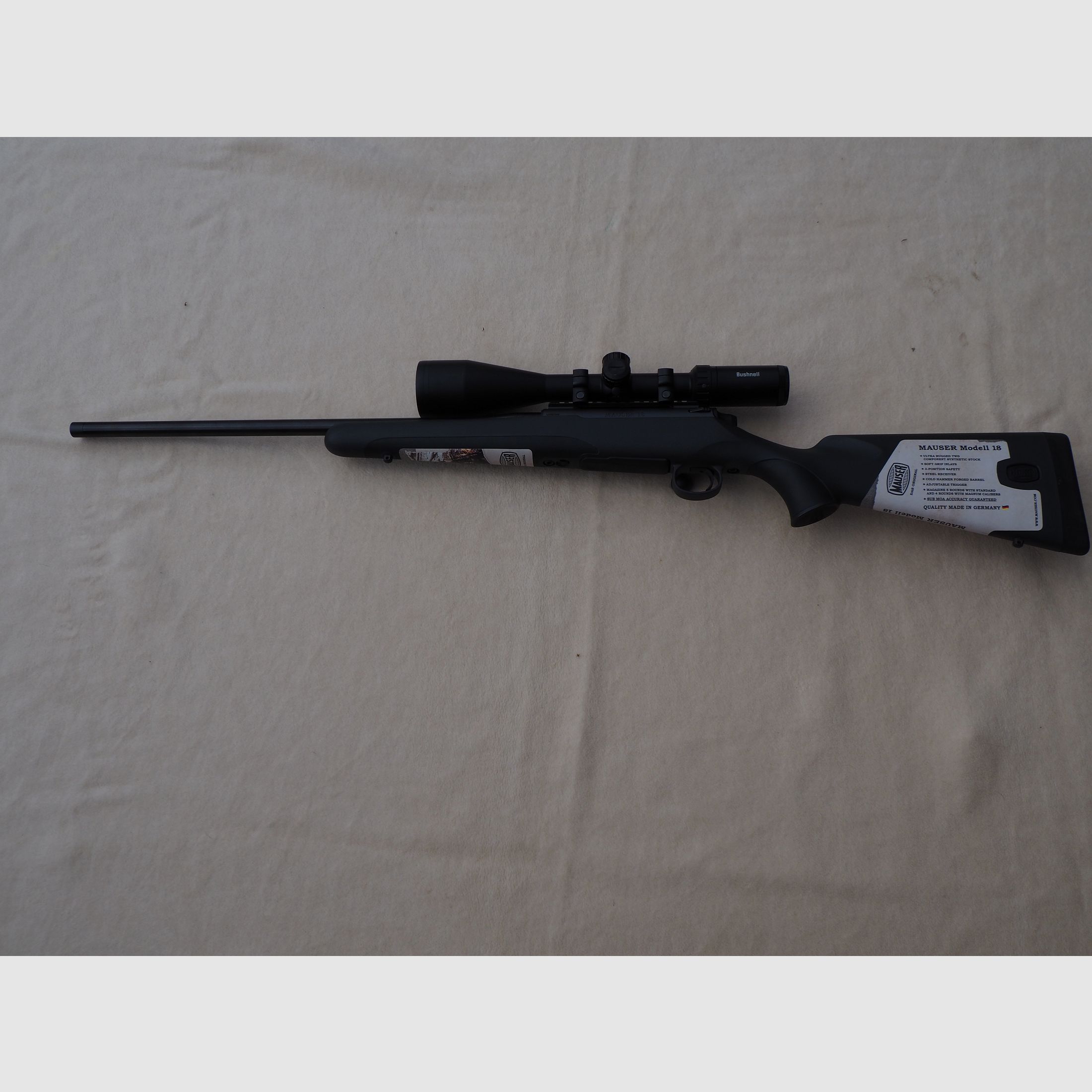 Sehr schöne Mauser, Modell 18, Kaliber 8x 57 IS mit Zielfernrohr Bushnell Prime 3-12x56, Neu 2022 gekauft, ungebraucht!