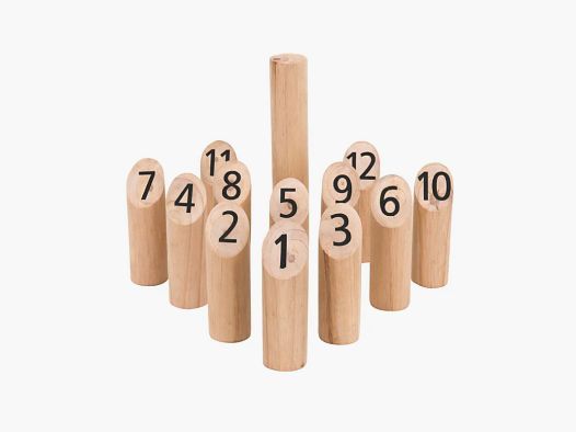 Mölkky-Spiel aus Holz - Nummerierte Kegel + Baumwolltasche