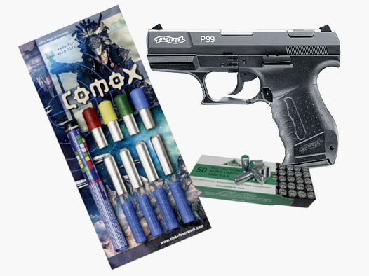 P99 Walther Kal. 9 mm P.A.K. mit 50 Schuss Platzpatronen und 22 tlg. Pyromunition im Set