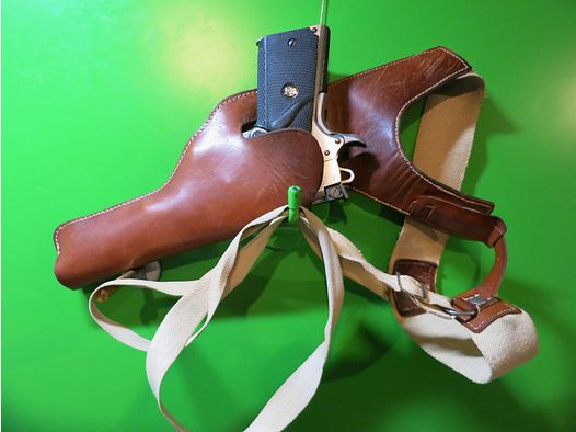 Holster d'épaule, revolver + pistolet 6" par exemple 1911, cuir + textile (sangle tissée)