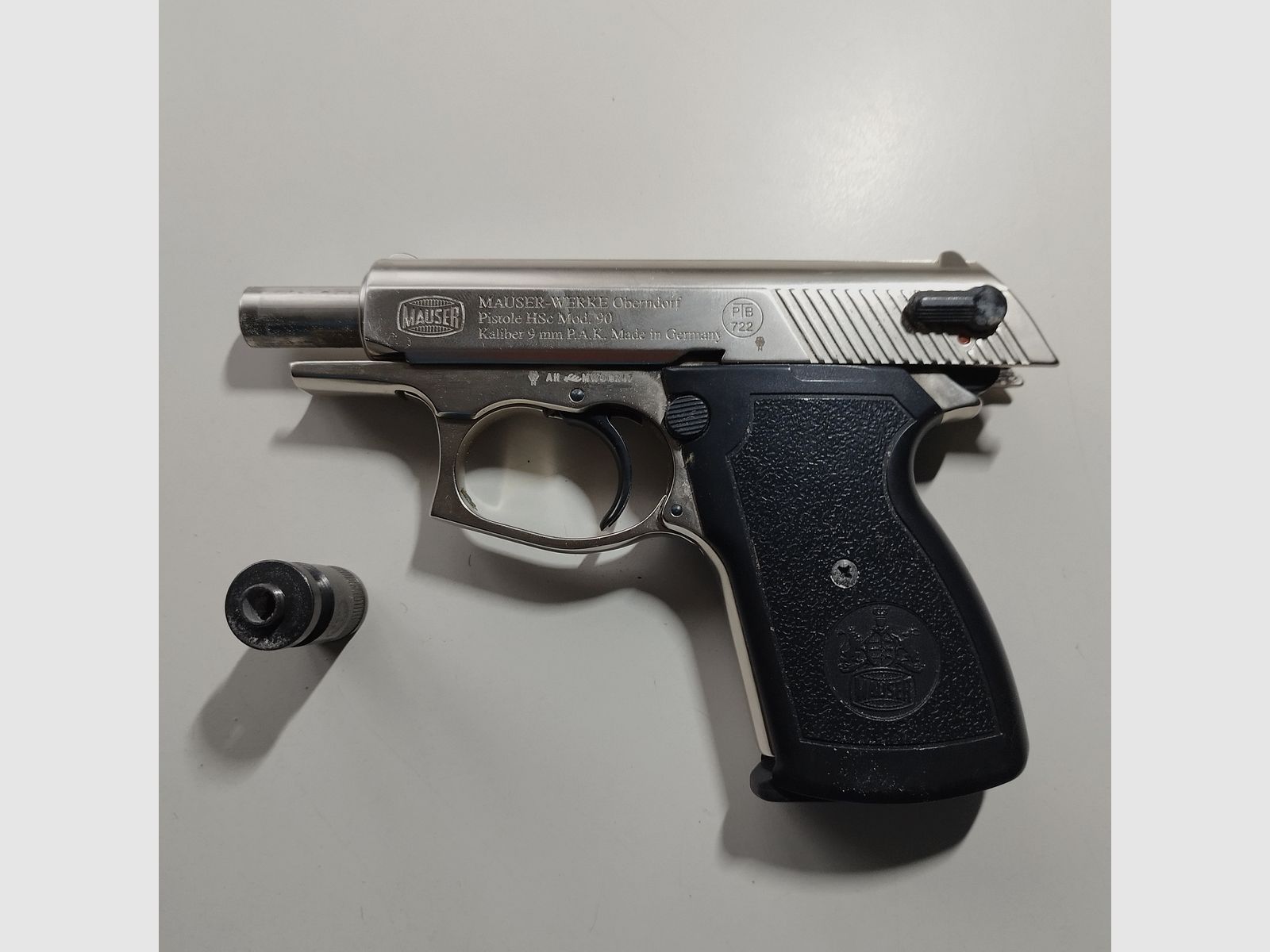 Mauser blank firing pistol HSc Mod. 90 nickel-plated caliber 9 mm P.A.K. Rare PTB