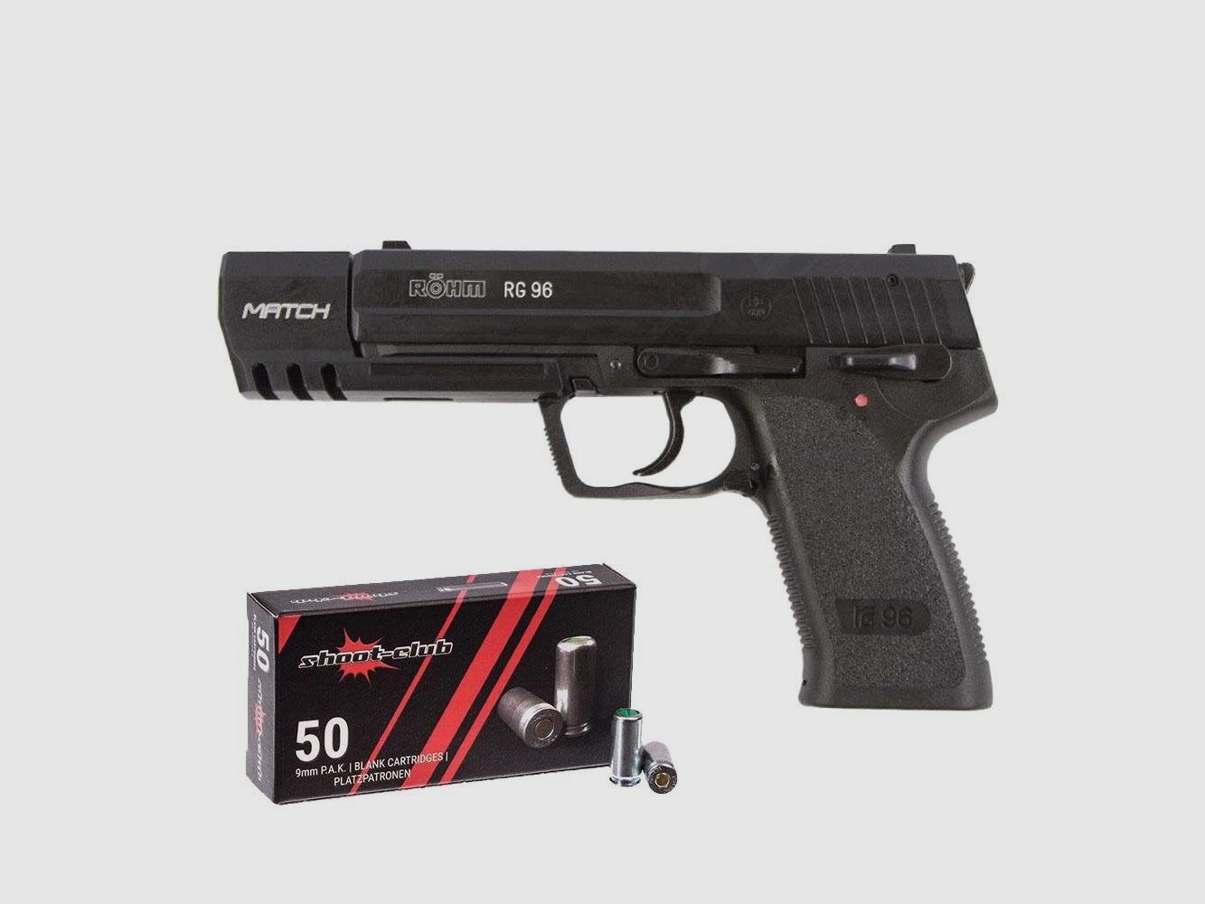 Röhm RG 96 MATCH blued blank-firing pistol + blank cartridges