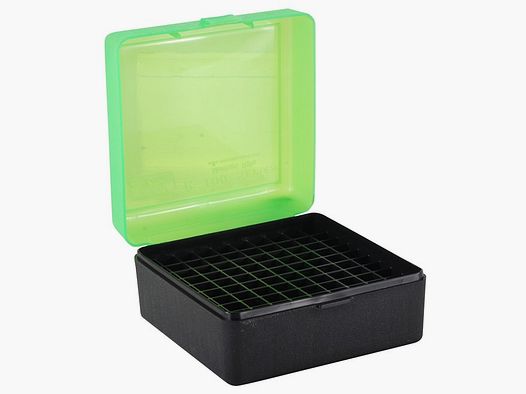 Caja de cartuchos MTM RM-100-16T verde/negra con tapa abatible para 100 cartuchos .308 y otros.