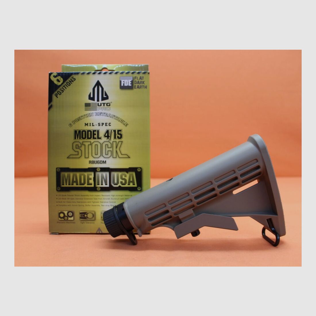 UTG - Leapers AR-15: Buttstock Assembly UTG Carbine Stock 6-Pos. MILSPEC FDE Flat Dark Earth (RBU6DM)/ Sliding Stock