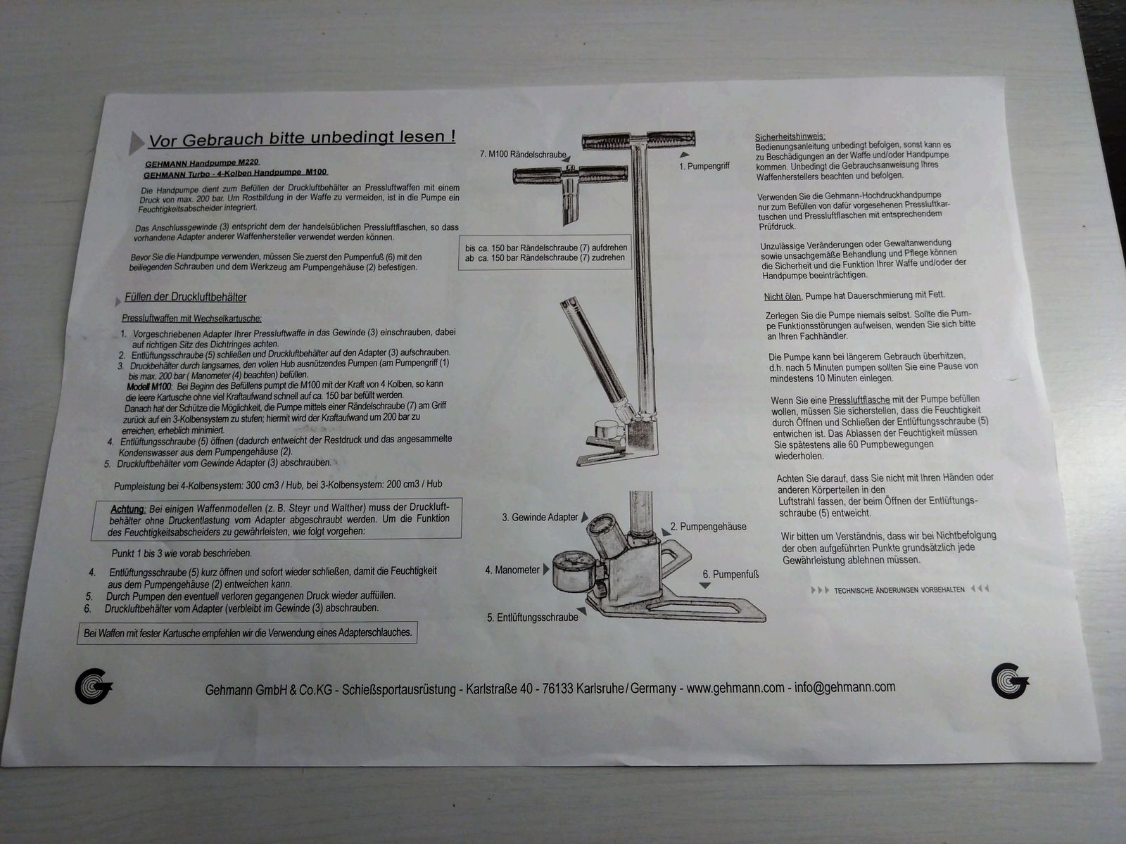 Gehmann Pressluftpumpe M220 Handpumpe mit Manometer max. 300 bar 3-Kolben System