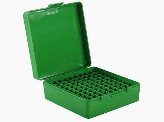 Boîte à cartouches MTM P-100-3-10 verte avec couvercle rabattable pour 100 cartouches .38/.357 et autres.