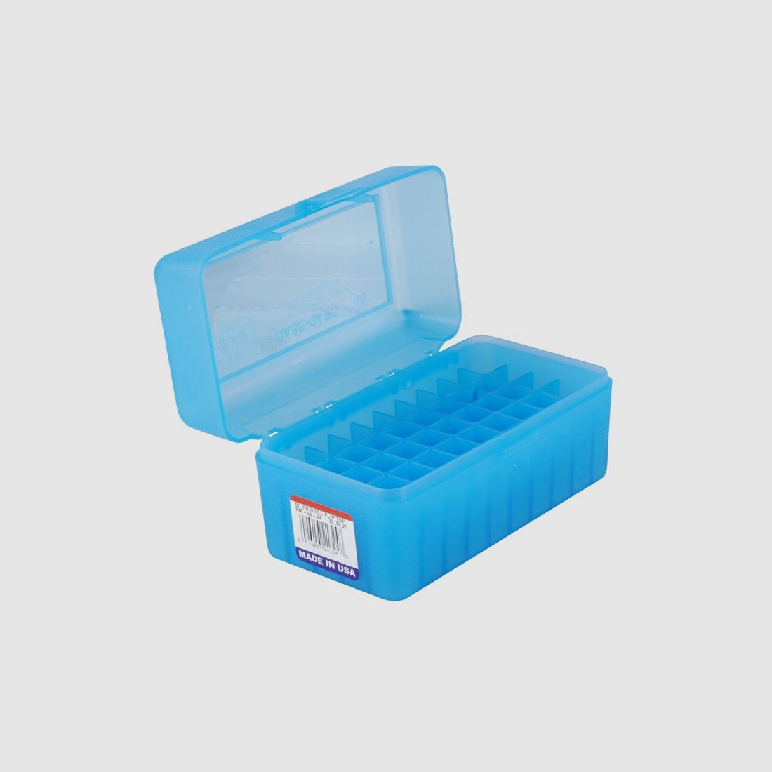 MTM scatola per cartucce RM-50-24 blu trasparente con coperchio a ribalta per 50 cartucce .22-250 - .308 e altre., immagine 1 di 21