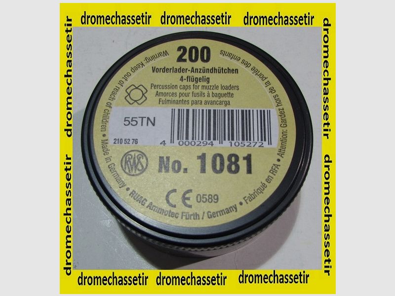 Box mit 200 Zündhütchen RWS Schwarzpulver, 4 Flügel, 6,12mm Durchmesser, Ref 1081, Bild 1 von 2