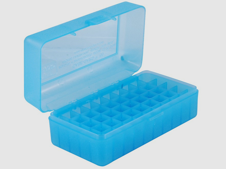 MTM cartridge box RSLD-50-24 blue clear with flip lid for 50 cartridges .500 S&W and others.
