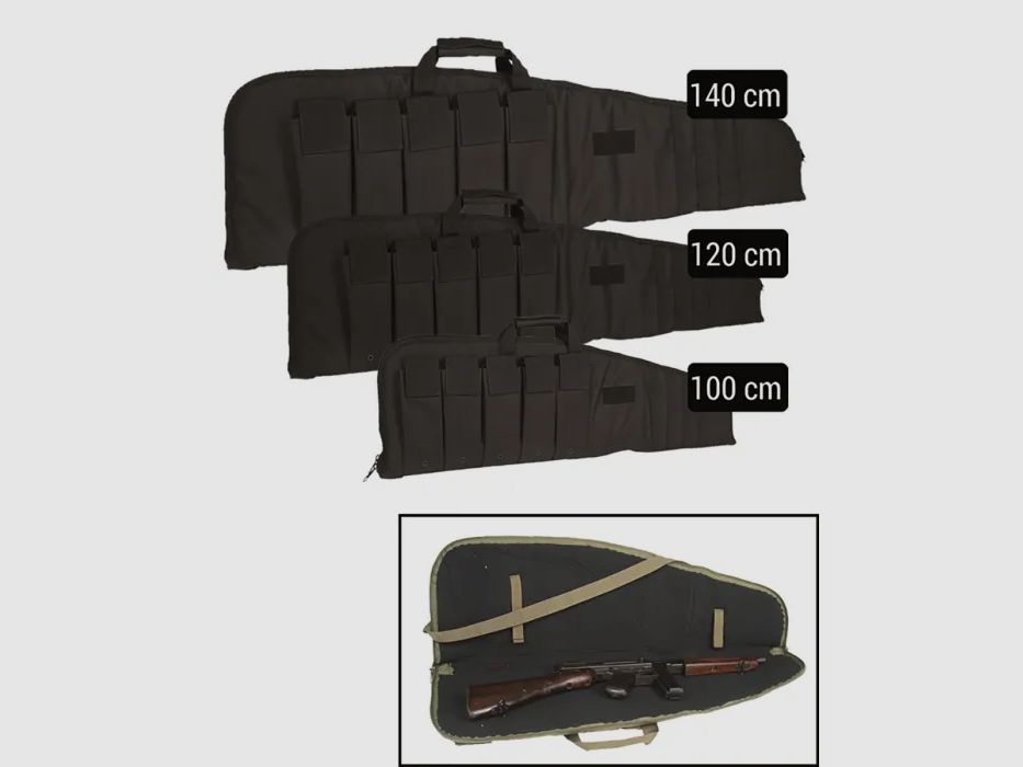 Custodia per fucile / Borsa per fucile con tracolla, Nera, 140 cm, con dispositivo di chiusura