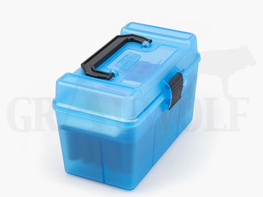 MTM Klappdeckelbox H50-XL blau für 50 Patronen Deluxe mit Griff: .378 / .460 Wby