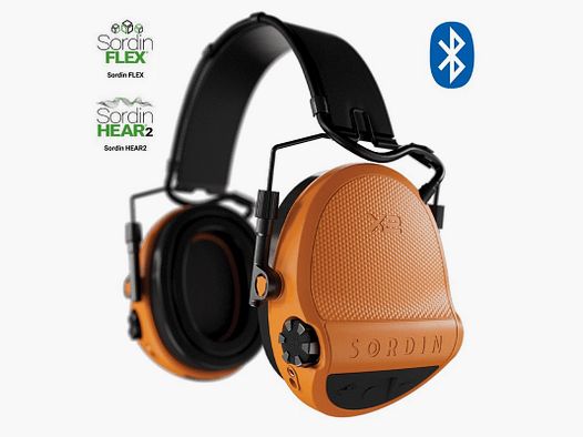 Sordin Supreme X2 BT earmuffs with active hearing protection, headband style, black leather headband, orange slim cups, gel ear cushions 302007-10G