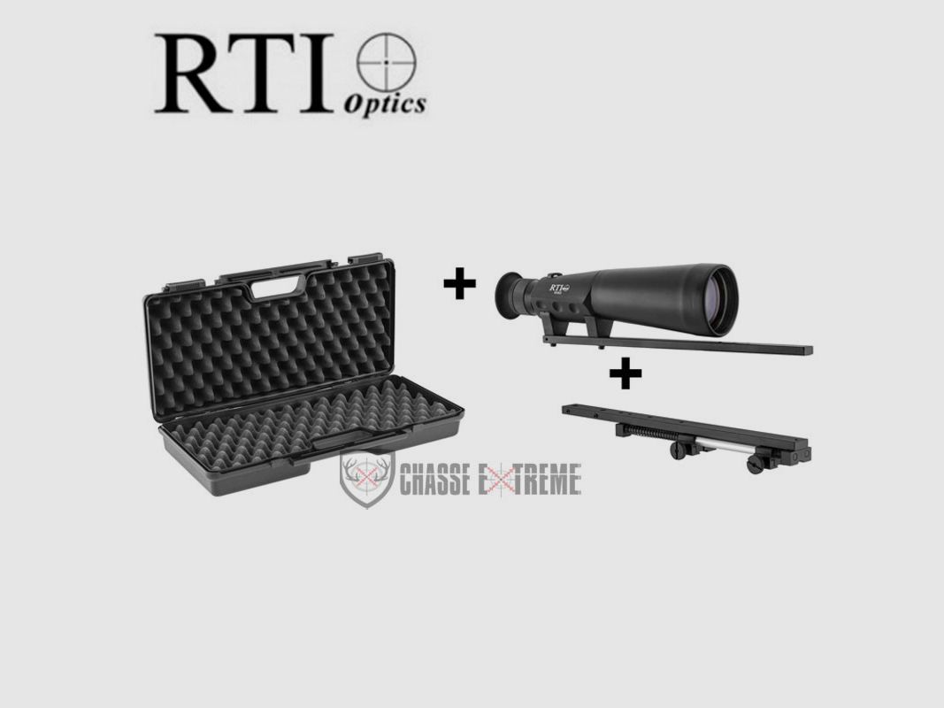 Pack Zielfernrohr Hütte 1/2 Fernglas 9X63 RTI OPTICS + Rückstoßdämpfer + Waffenkoffer, Bild 1 von 8