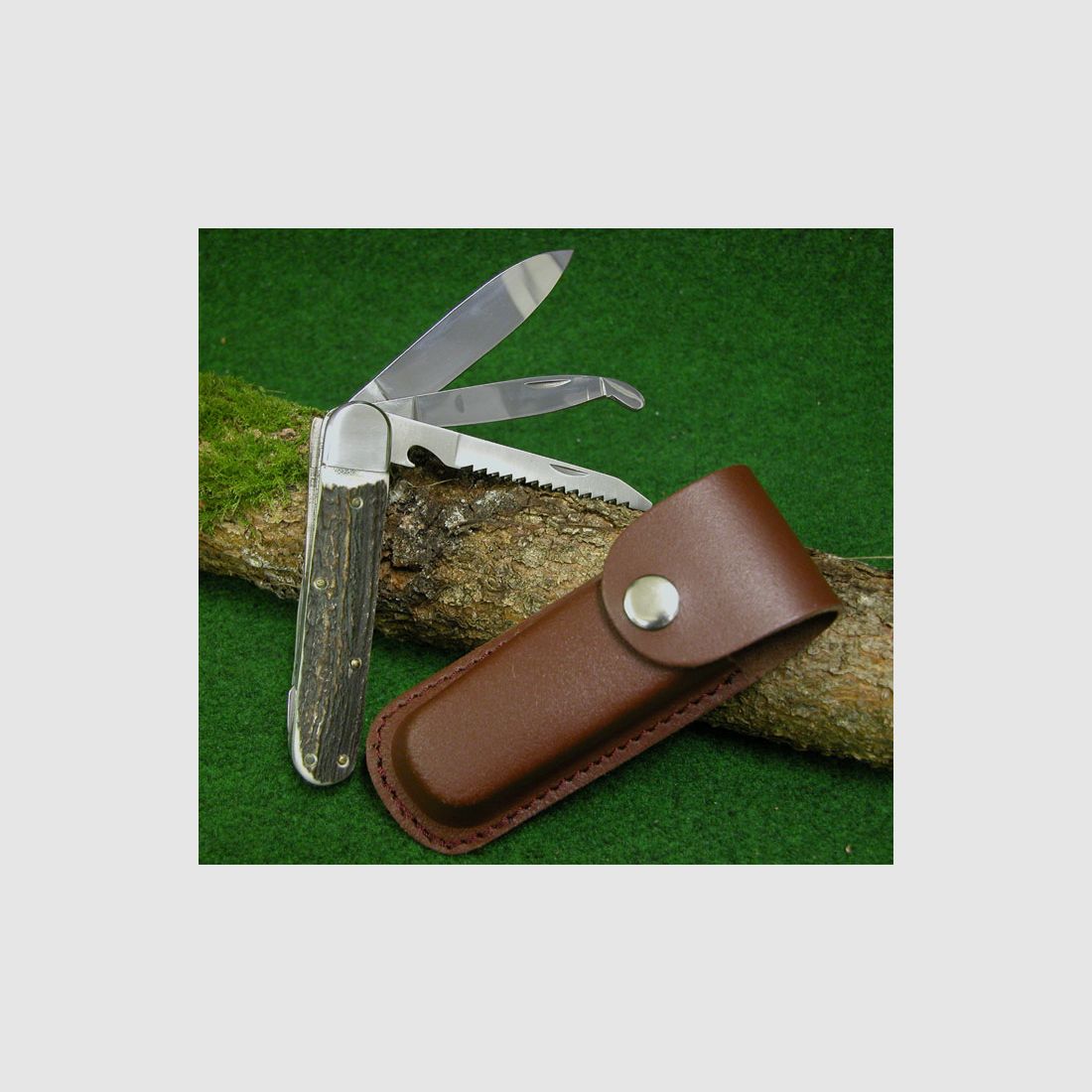 COLTELLO DA CACCIA originale " LEEGEBRUCH " 3 pezzi coltello curvo sega e lama in acciaio 440 con manico in corno di cervo e fodero in pelle