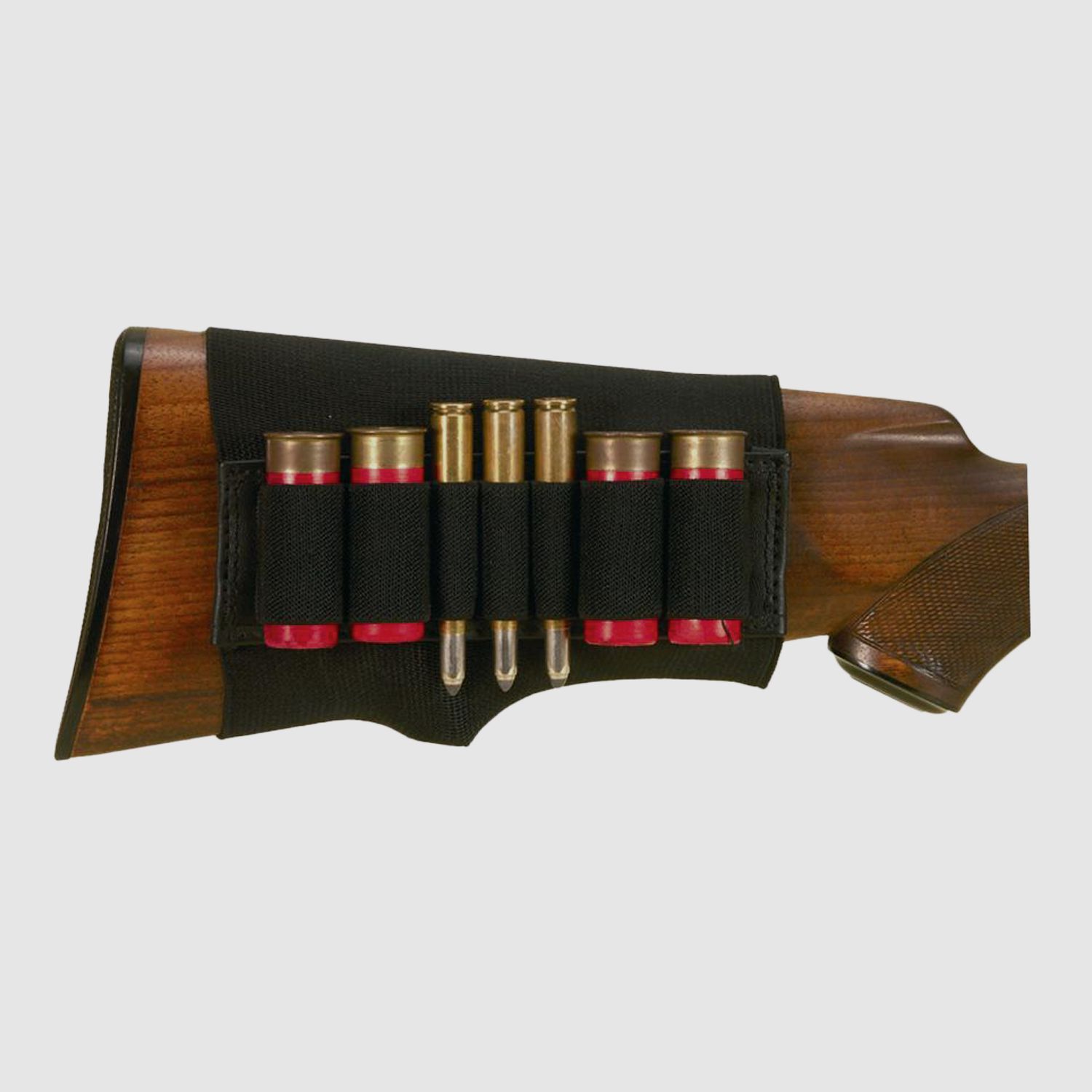 Ammunition case for rifle stock, space for 4 shotgun and 3 bullet cartridges, with rubber loops