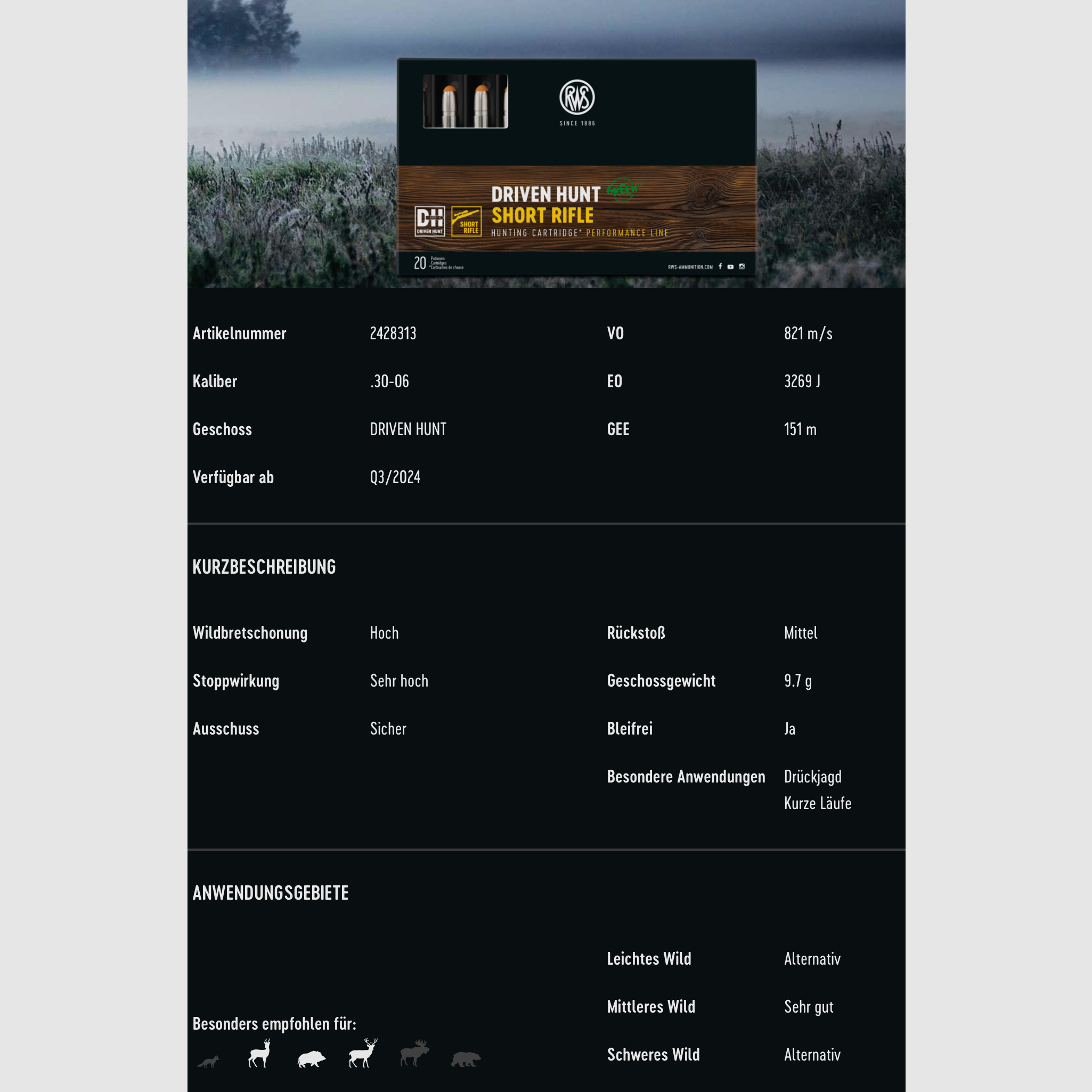 RWS 2428313 .30-06 Spr. Driven Hunt Short Rifle 9,7g 150grs. bleifrei