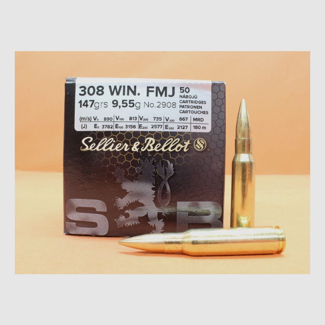 S&B Sellier & Bellot Patrone .308Win S&B/ Sellier&Bellot 147grs FMJ (2908/2) VE 50 Patronen/ 9,55g Vollmantel