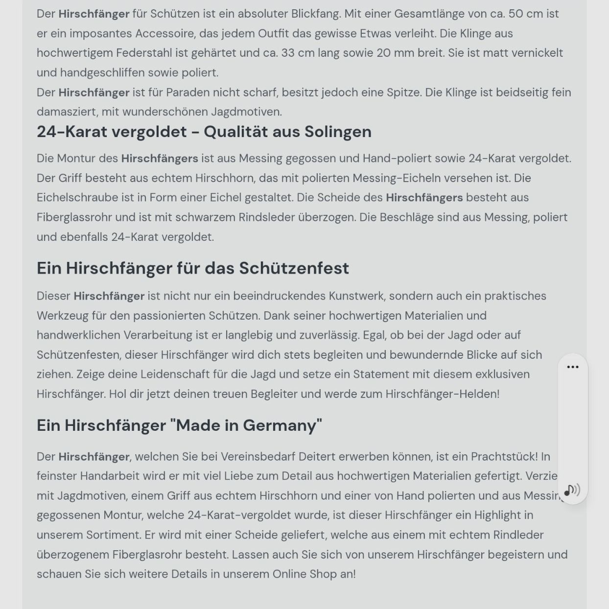 NEU -  1 Hirschfänger  -  50 cm -  24 k - Hirschhorn