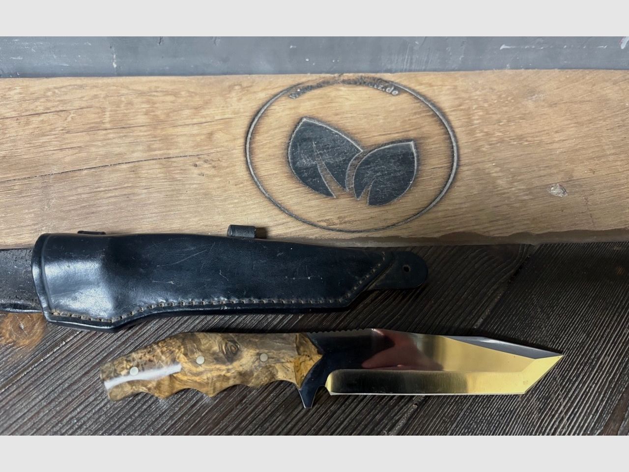 Handcrafted collector's knife Tanto with maple handle and leather pad